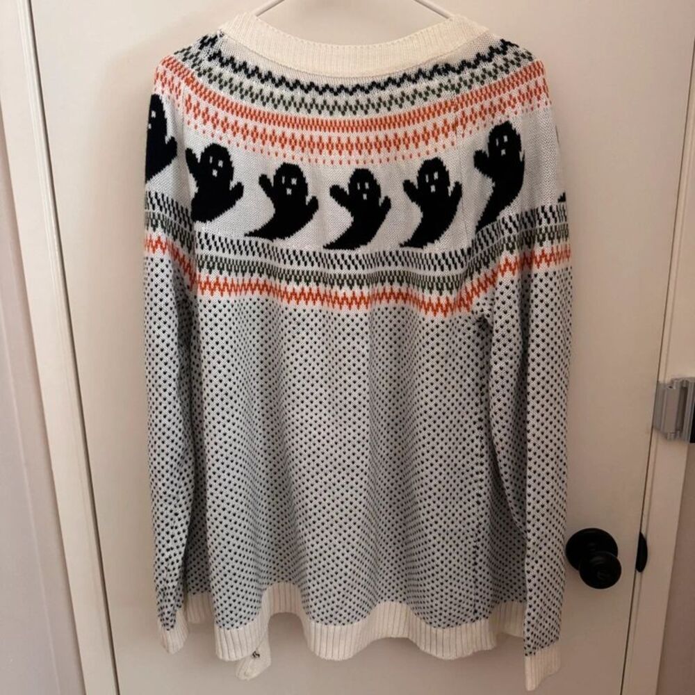 Ghost Fair Isle Cardigan Sweater Women's XL Halloween Whimsigoth